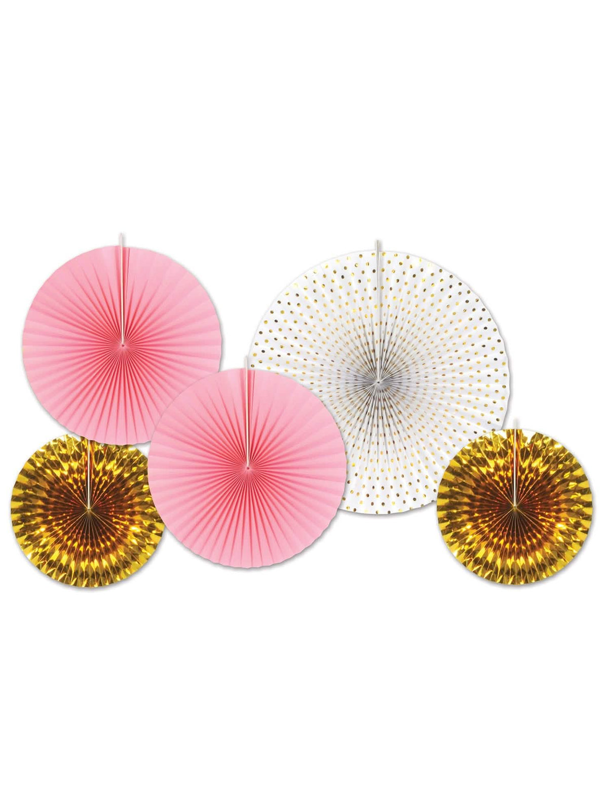Rosáceas em papel cor de rosa e dourado para decoração de festa cor de rosa, branco e dourado às bolinhas