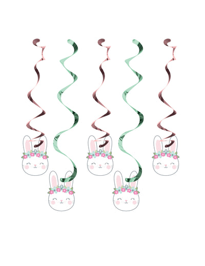 Suspensions spirale en carton petit lapin pour anniversaire rose et vert métallisé