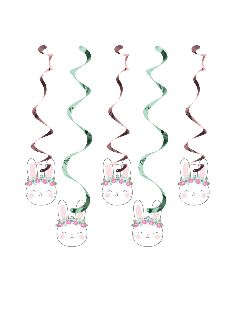 Suspensions spirale en carton petit lapin pour anniversaire rose et vert métallisé