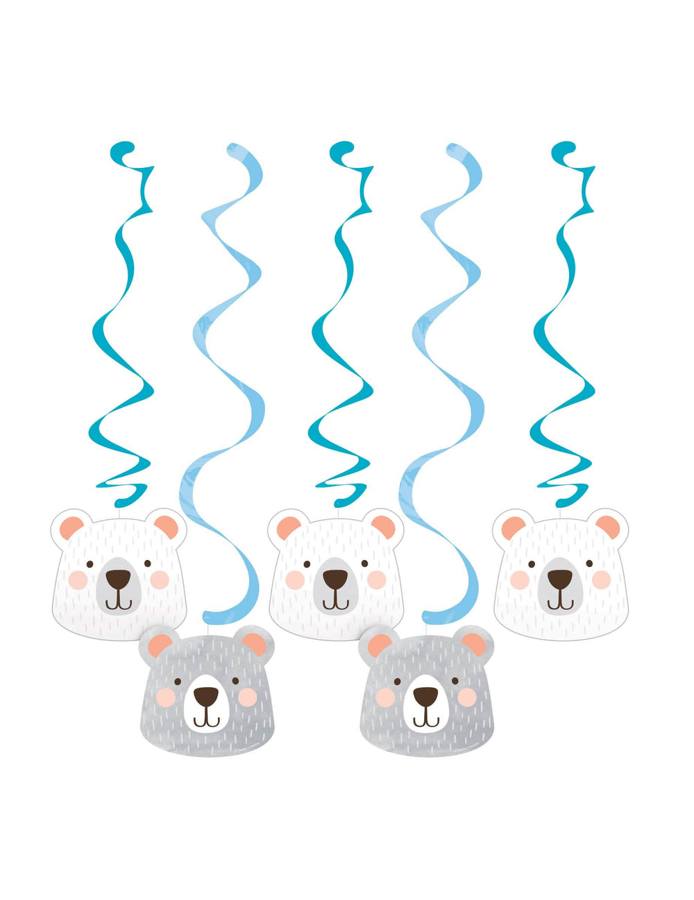 Suspensões em cartão pequeno urso espirais para baby shower azul e branco