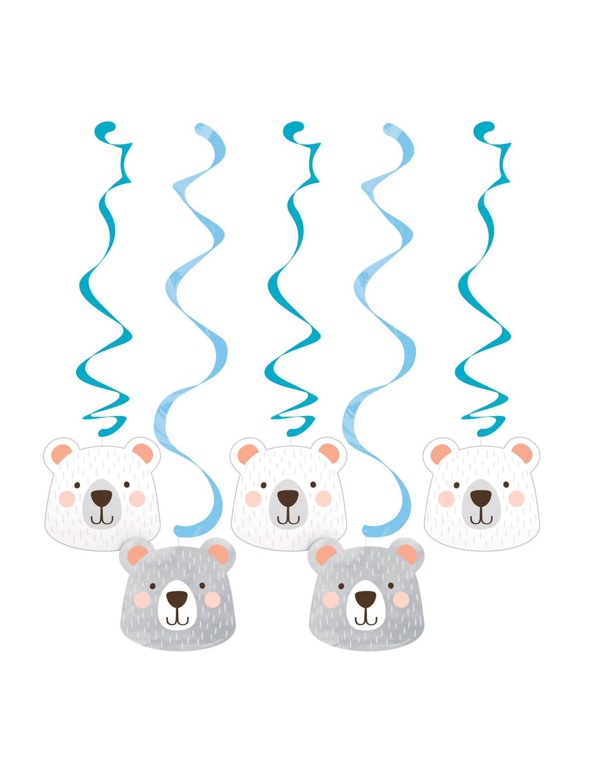 Suspensões em cartão pequeno urso espirais para baby shower azul e branco