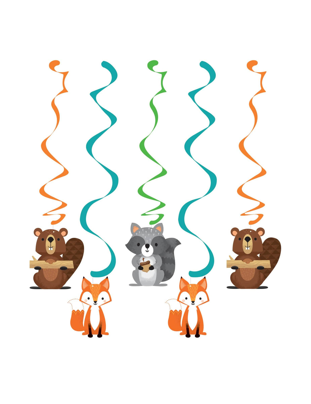 Suspensões em espiral animal da floresta para aniversário multicores com motivos castor raposa e guaxinim
