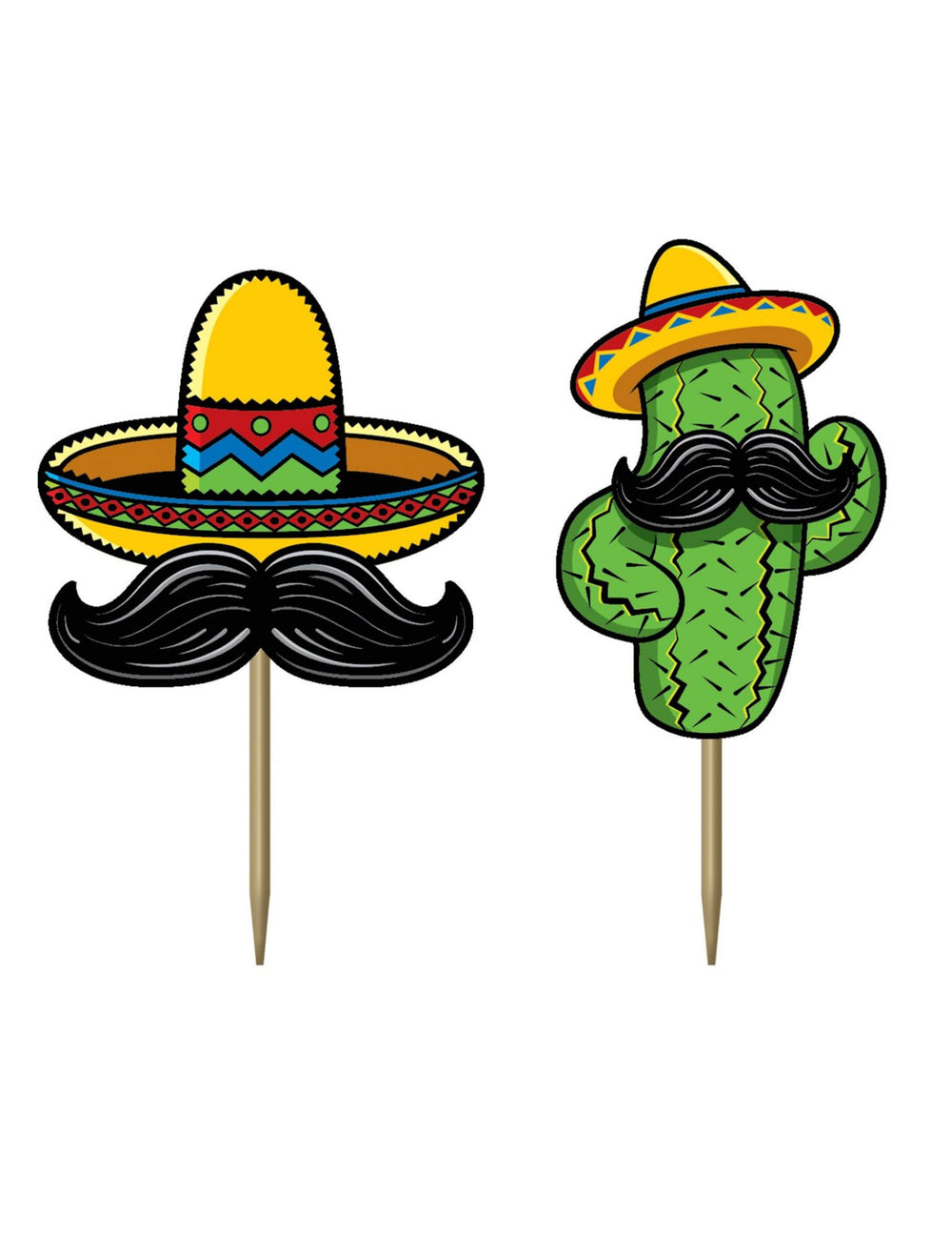 Pics en carton fiesta mexicaine motifs cactus et sombrero à moustaches jaune et vert