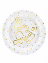 Assiettes en carton Boy or Girl pour baby shower blanches avec lettrage doré