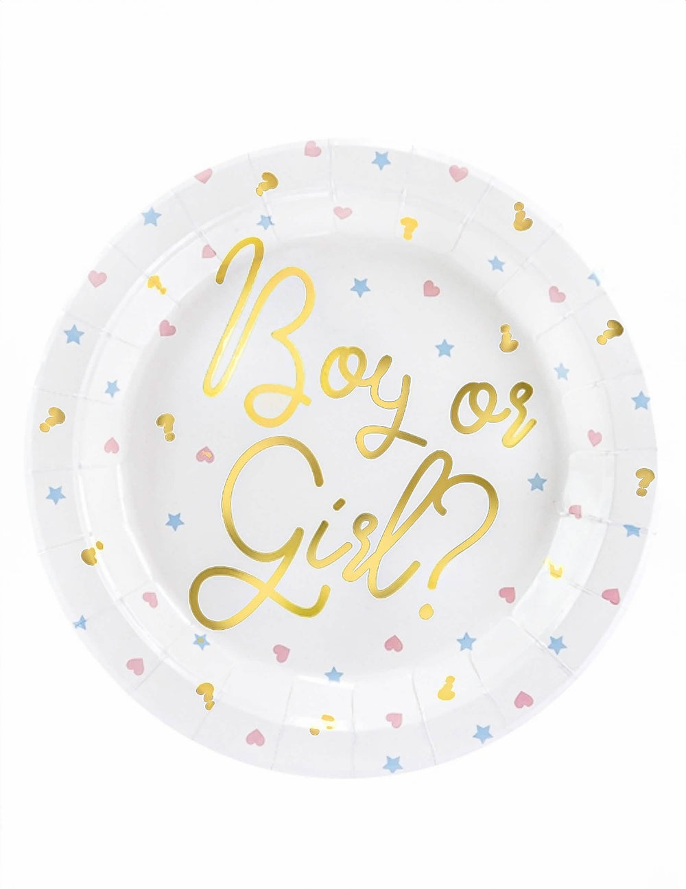 pratos de cartão Boy or Girl para baby shower brancos com lettragem dourado