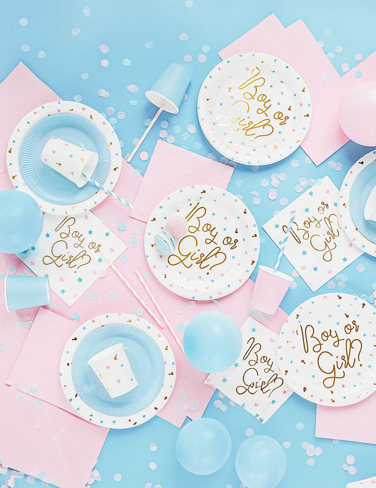Ambiente festivo dos pratos de cartão Boy or Girl para baby shower