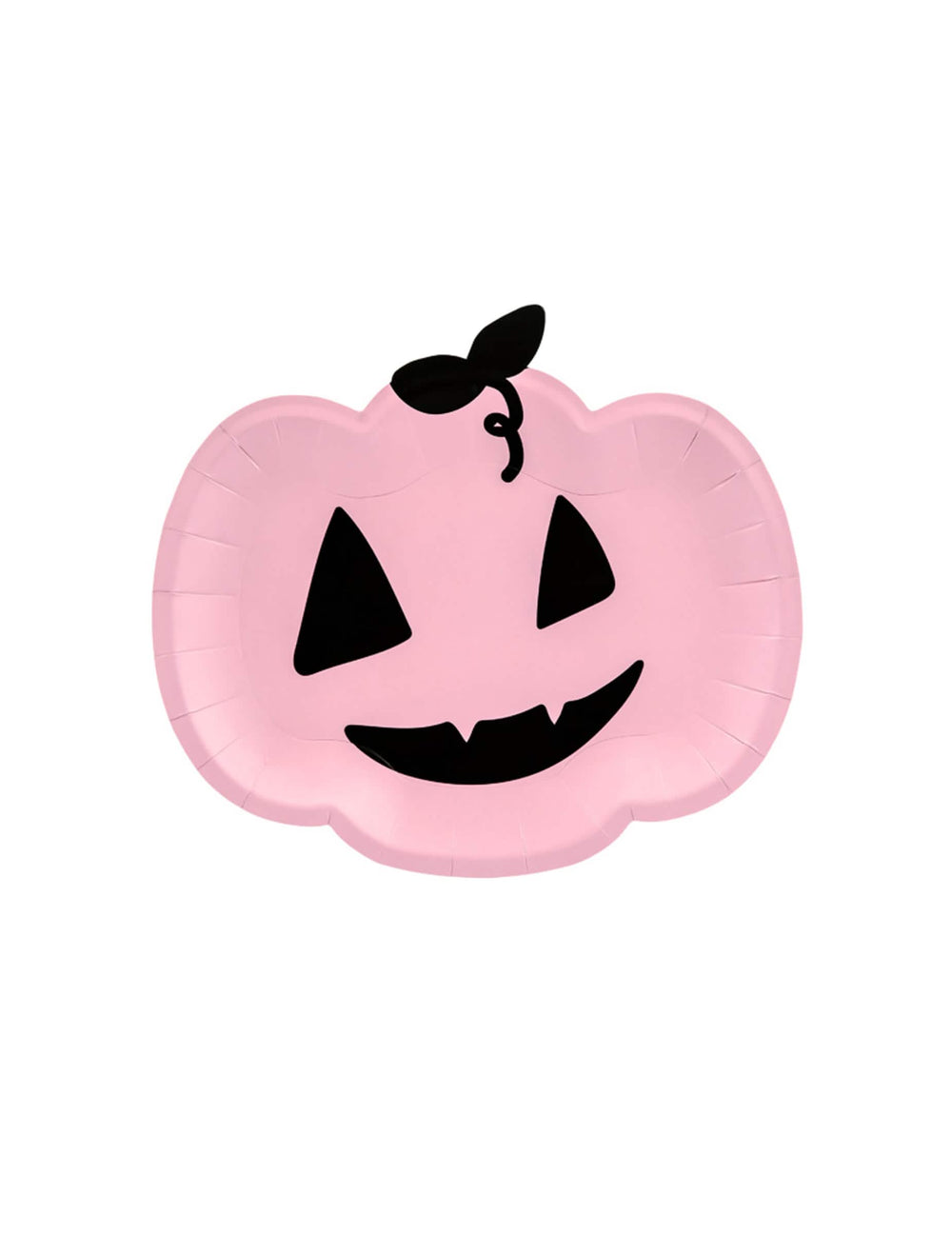 pratos de cartão abóbora para halloween cor de rosa e preta sorridente