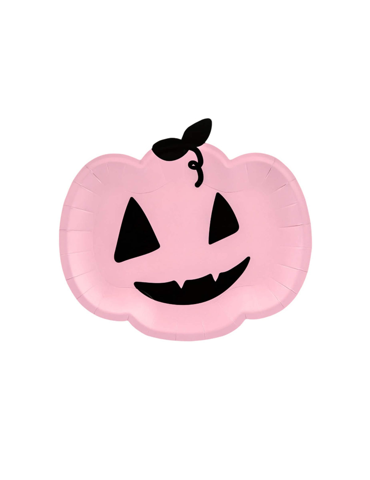 pratos de cartão abóbora para halloween cor de rosa e preta sorridente