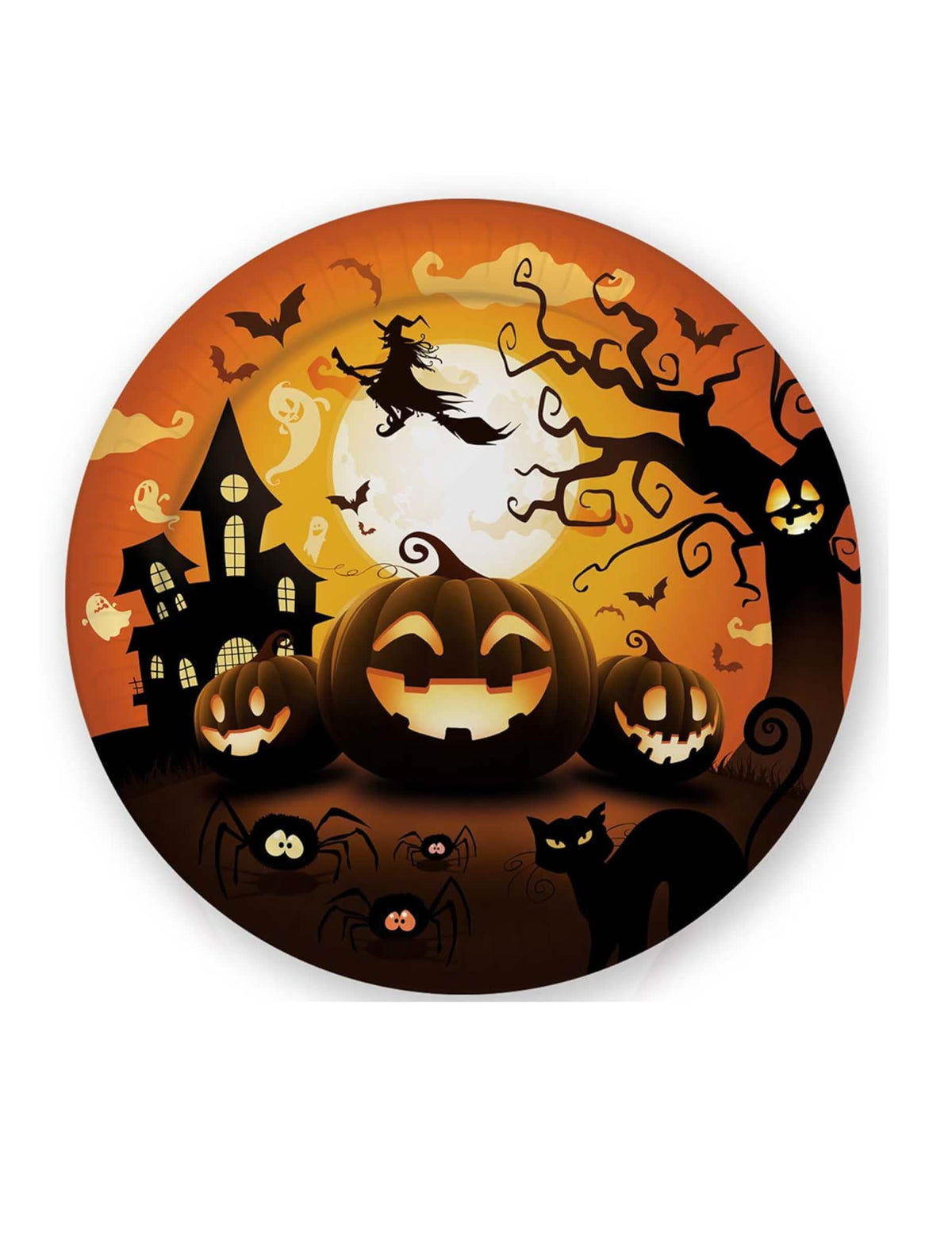 Assiettes en carton citrouille d'Halloween orange et noir avec décor de manoir hanté et sorcière