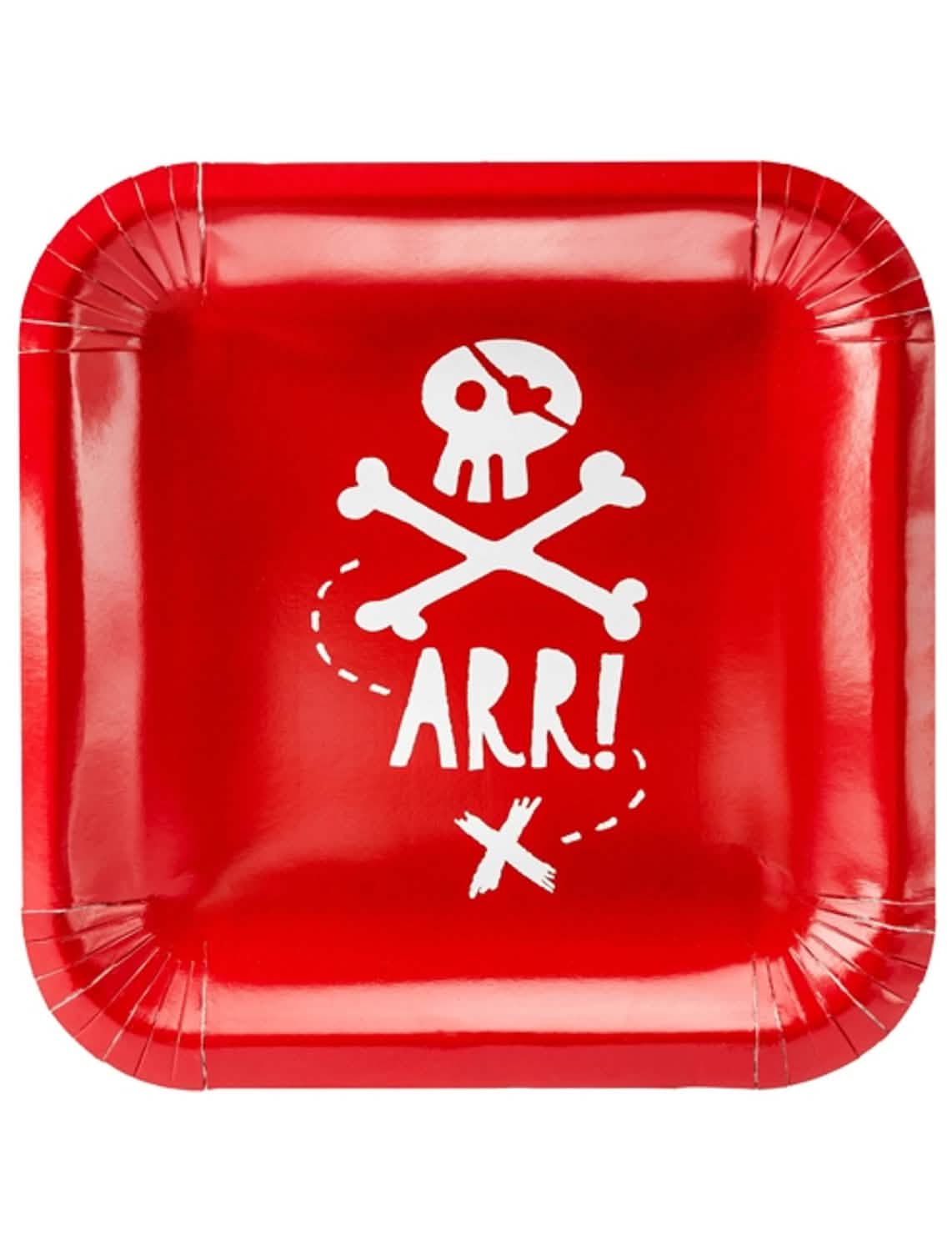 pratos de cartão festa de pirata para criança vermelhos com caveira branca