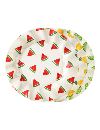 6 Pratos de cartão frutas melancia, limão, ananás 20,5 cm