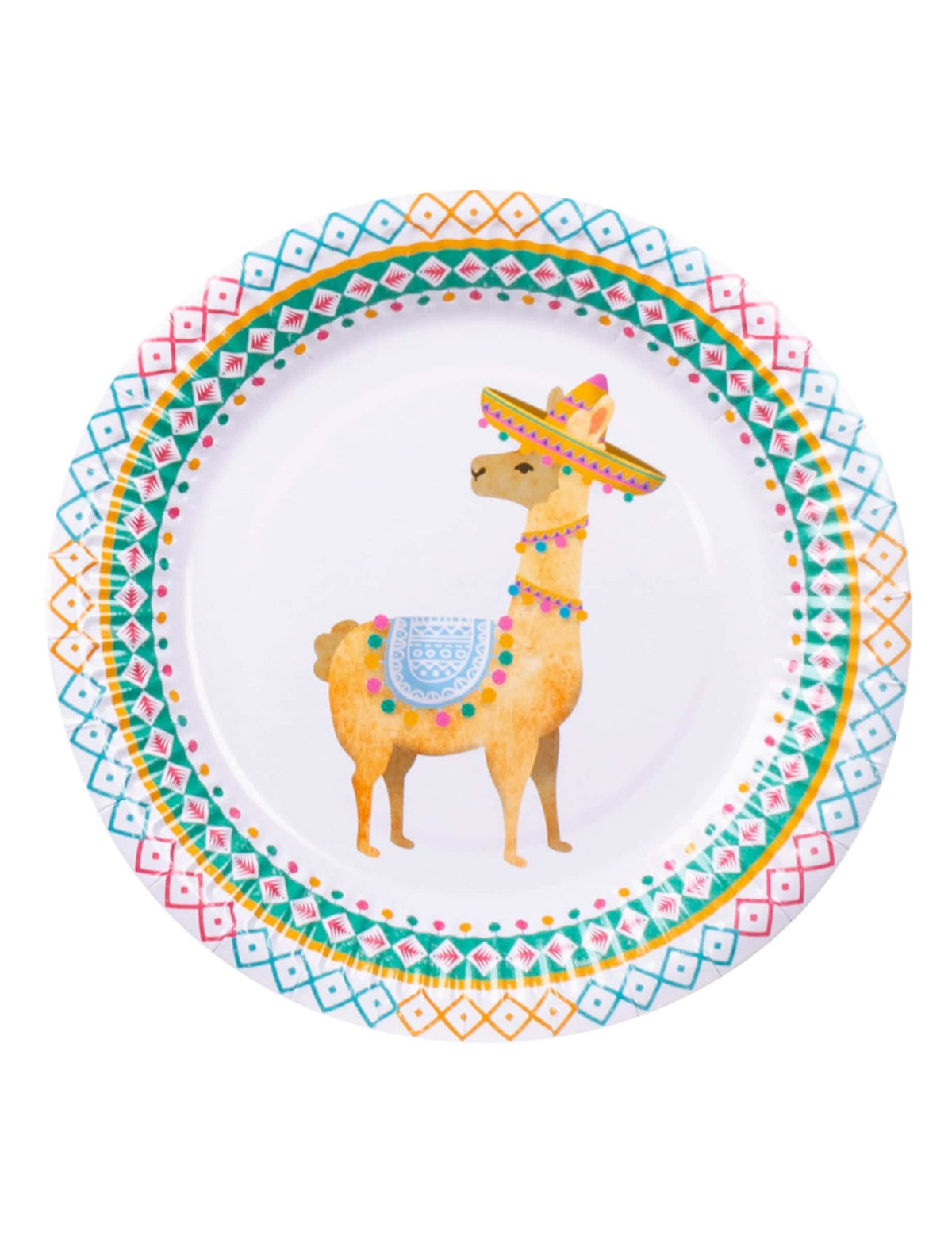 Prato de cartão lama para festa branca com sombrero e motivos mexicanos multicoloridos