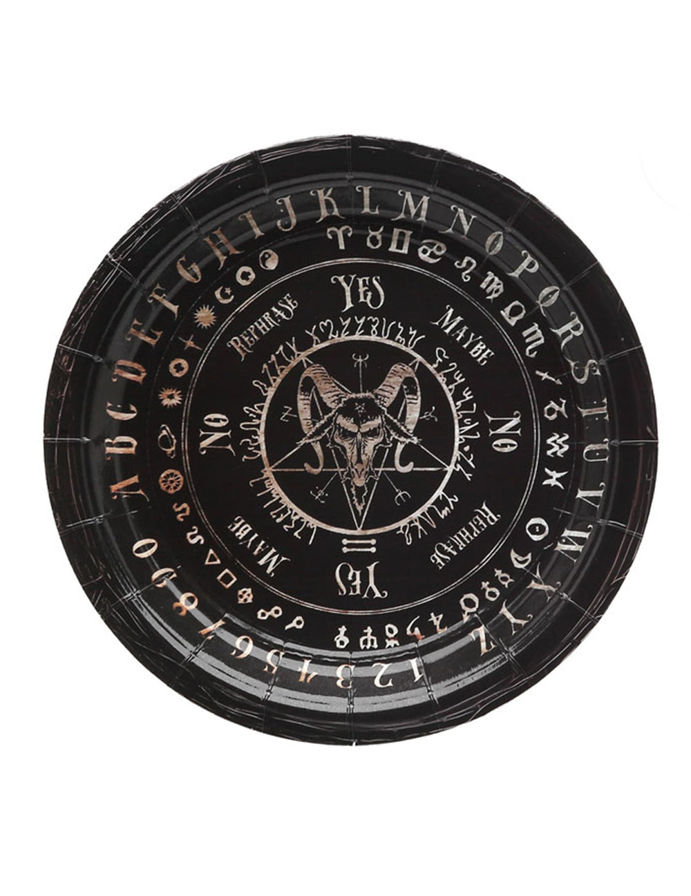Assiette en carton ouija pour fête noire avec motif Baphomet et alphabet