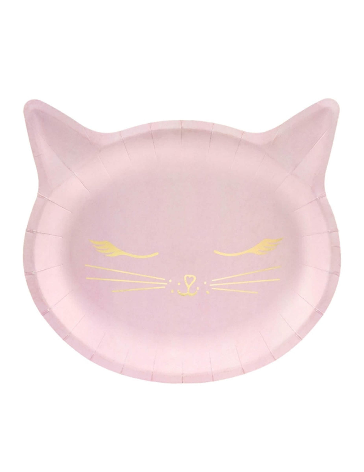 pratos de cartão cabeça de gatinho cor de rosa com bigodes dourados