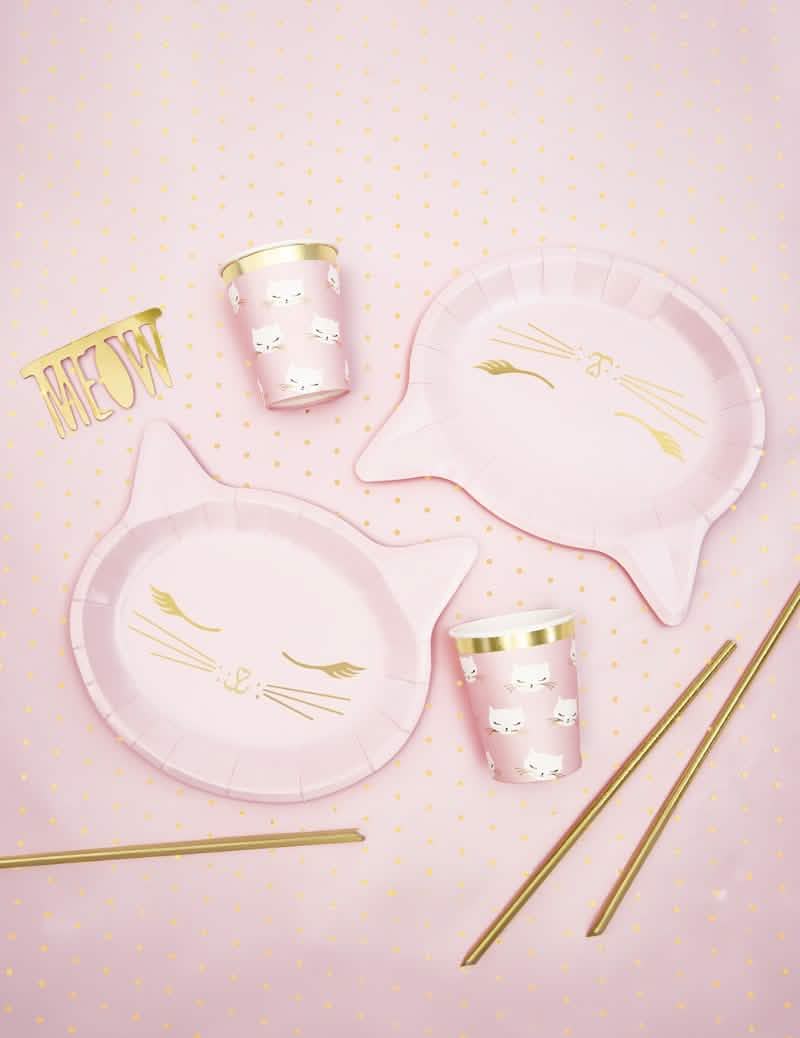 Conjunto com copos e palhinhas com os pratos de papel cabeça de gatinho