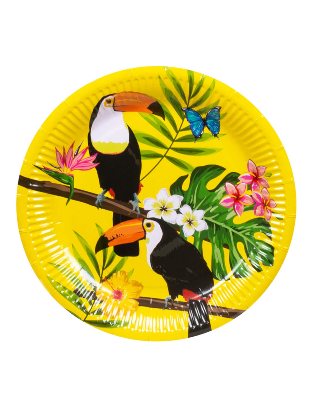 Mise em situação numa mesa de festa de pratos de cartão tucano