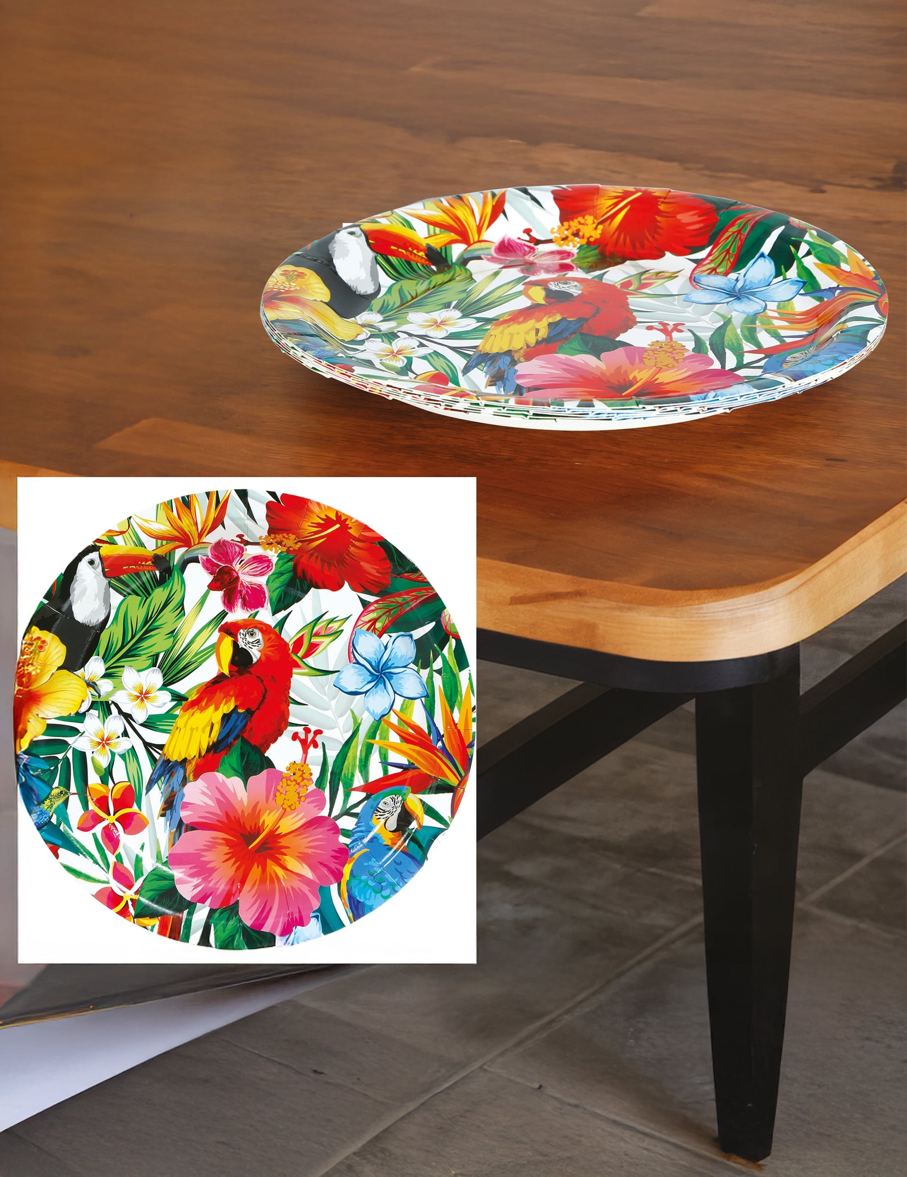 Détail du motif des assiettes oiseaux tropicaux