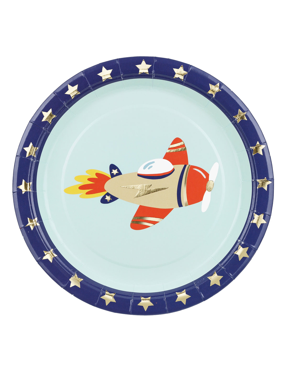 Assiettes en carton petit avion pour enfant bleu à étoiles dorées