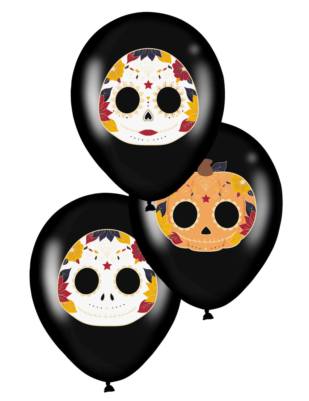 Ballons en latex Dia de los Muertos pour fête noirs avec motifs de têtes de mort colorées