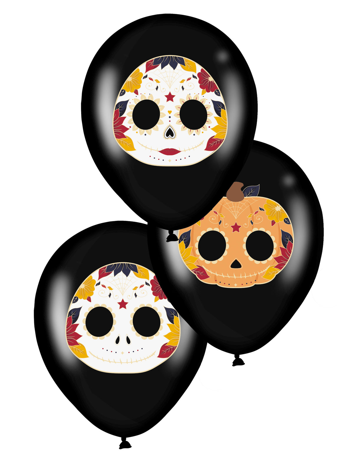 Ballons en latex Dia de los Muertos pour fête noirs avec motifs de têtes de mort colorées
