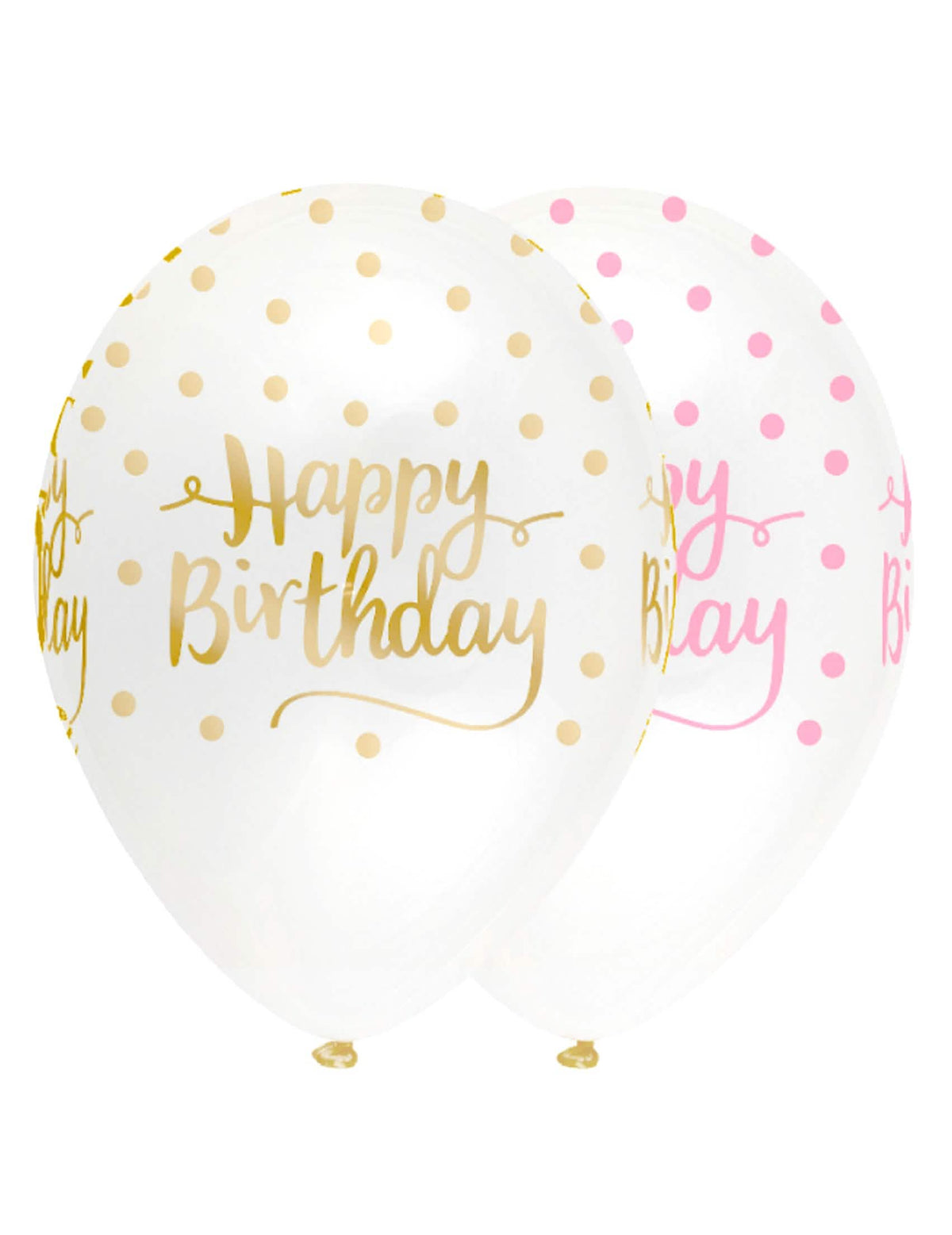 balões em latex Happy Birthday às bolinhas para aniversário cor de rosa e dourado