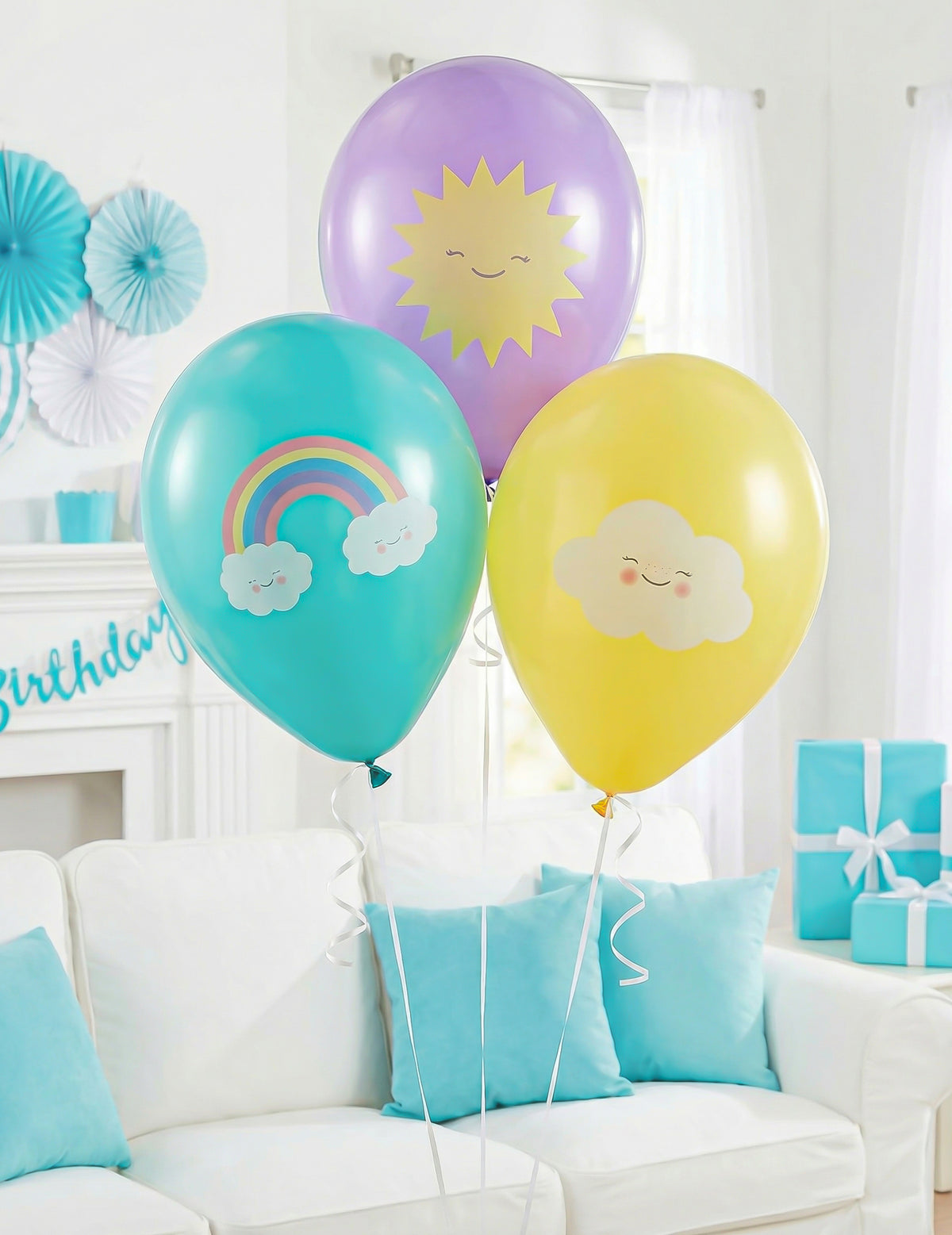 Ballons en latex Petit Nuage pour enfant menthe, violet et jaune