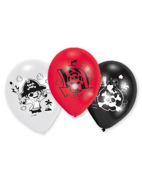 6 balões de látex piratas para aniversário branco vermelho e preto com motivos