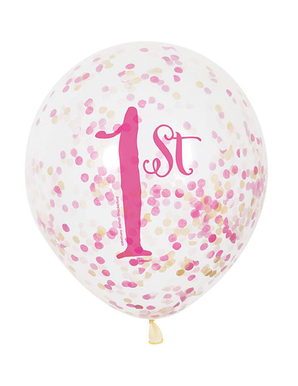 Balão de látex para o 1.º aniversário da criança cor de rosa e dourado com confettis
