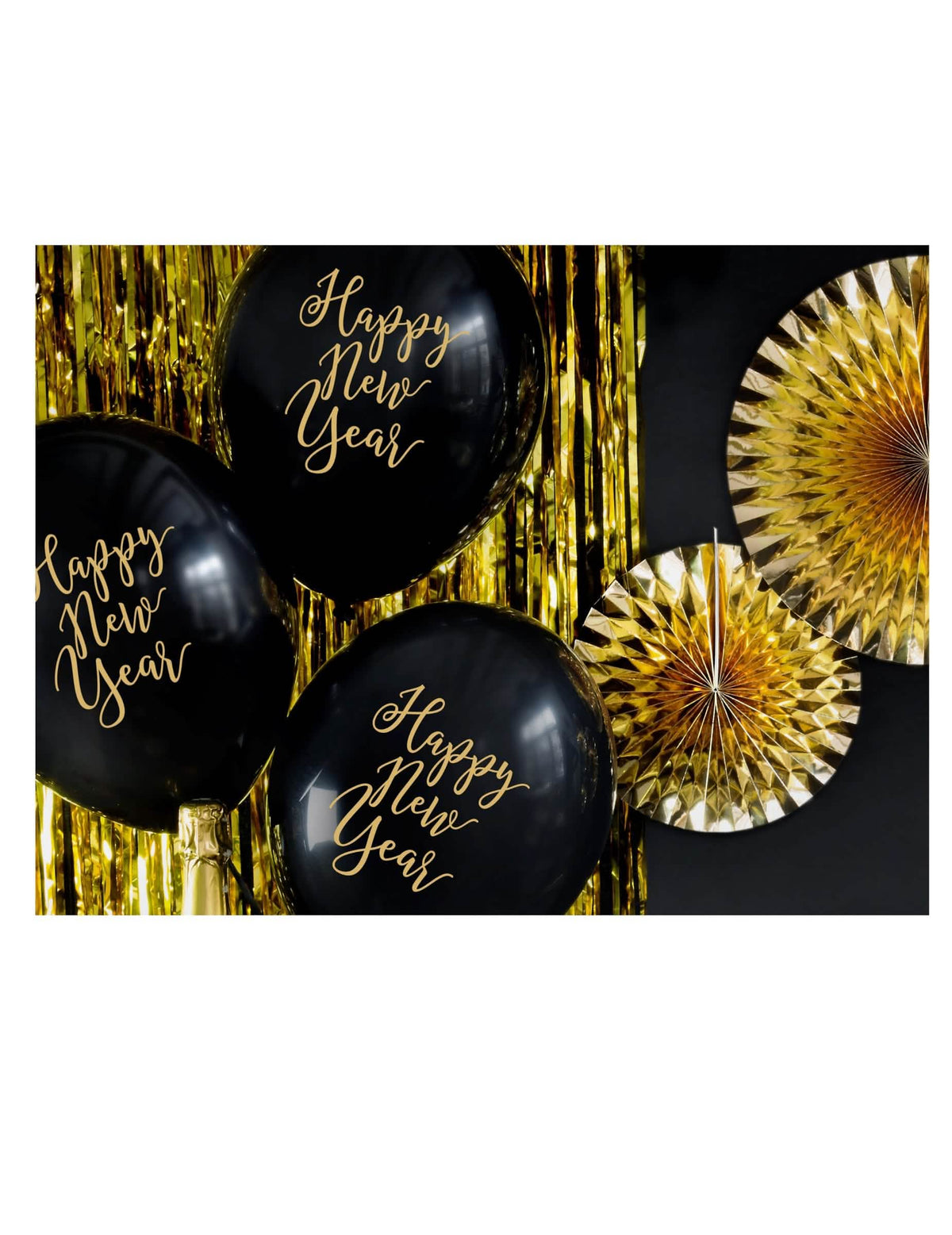 Encenação dos balões de latex Happy New Year preto e dourado