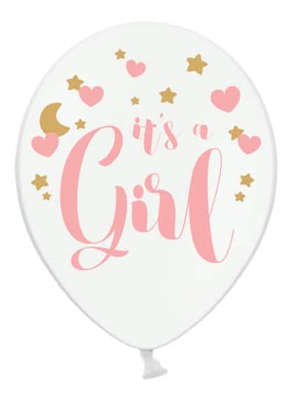 Balão It's a girl para baby shower branco com estampado cor de rosa e dourado