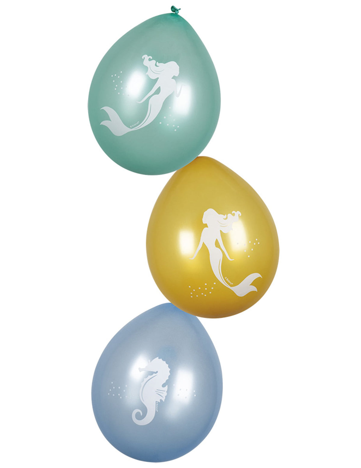 Ballons Sirène Lagune pour enfant nacrés vert, jaune et bleu avec motifs blancs