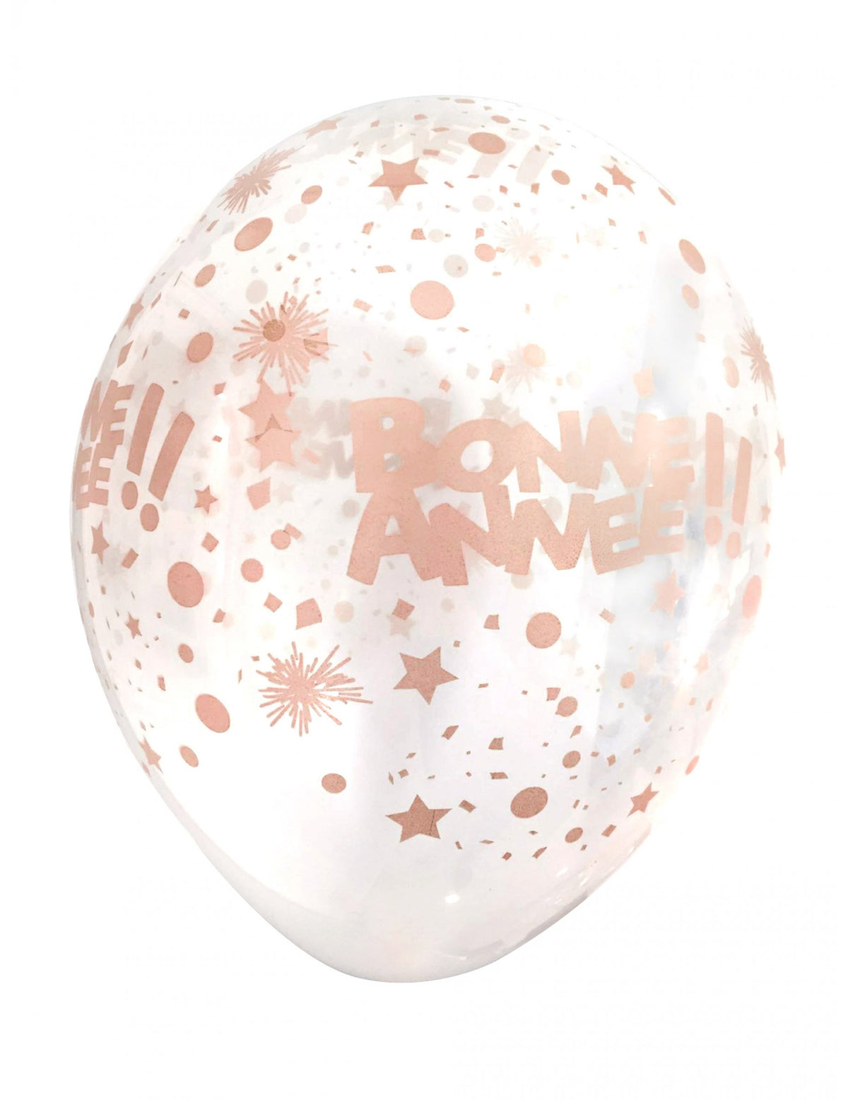 Ballons transparents Bonne Année pour fête rose gold avec étoiles et confettis