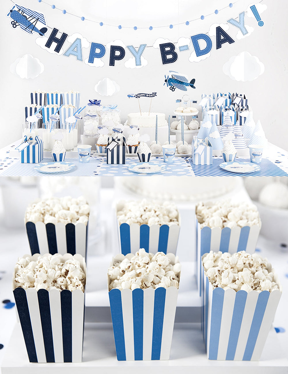 Mise en situation des boîtes à popcorn à rayures pour fête bleues