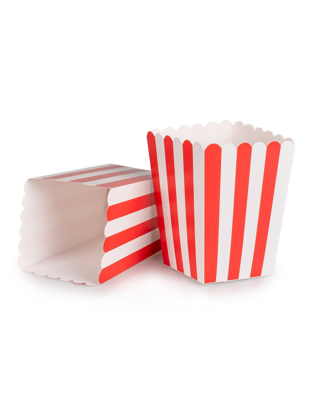 Vue de face et de profil des boîtes à popcorn en carton pour fête rouges et blanches à rayures