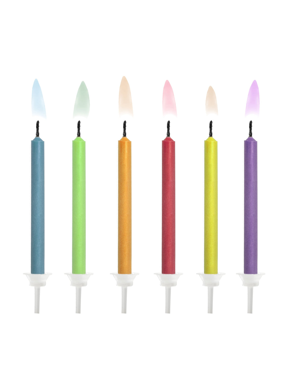6 bougies d'anniversaire à flamme colorée pour gâteau multicolores avec supports