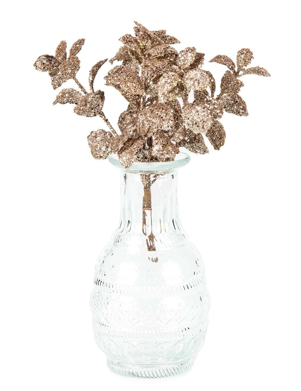 Mise en situation dans un vase des branches d'eucalyptus rose gold givré à paillettes