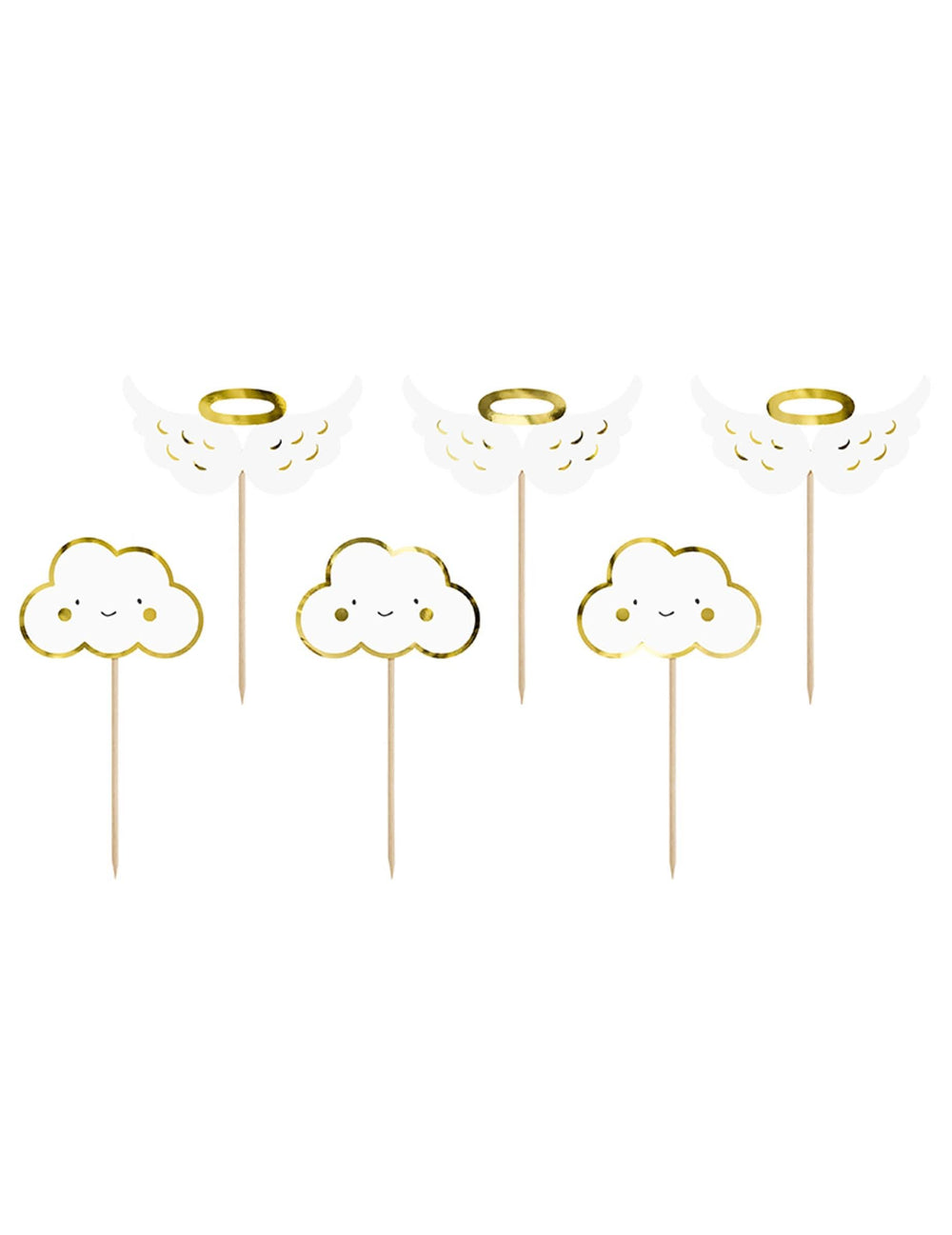 Cake toppers em madeira nuvens e asas para baby shower brancos e dourados metalizados