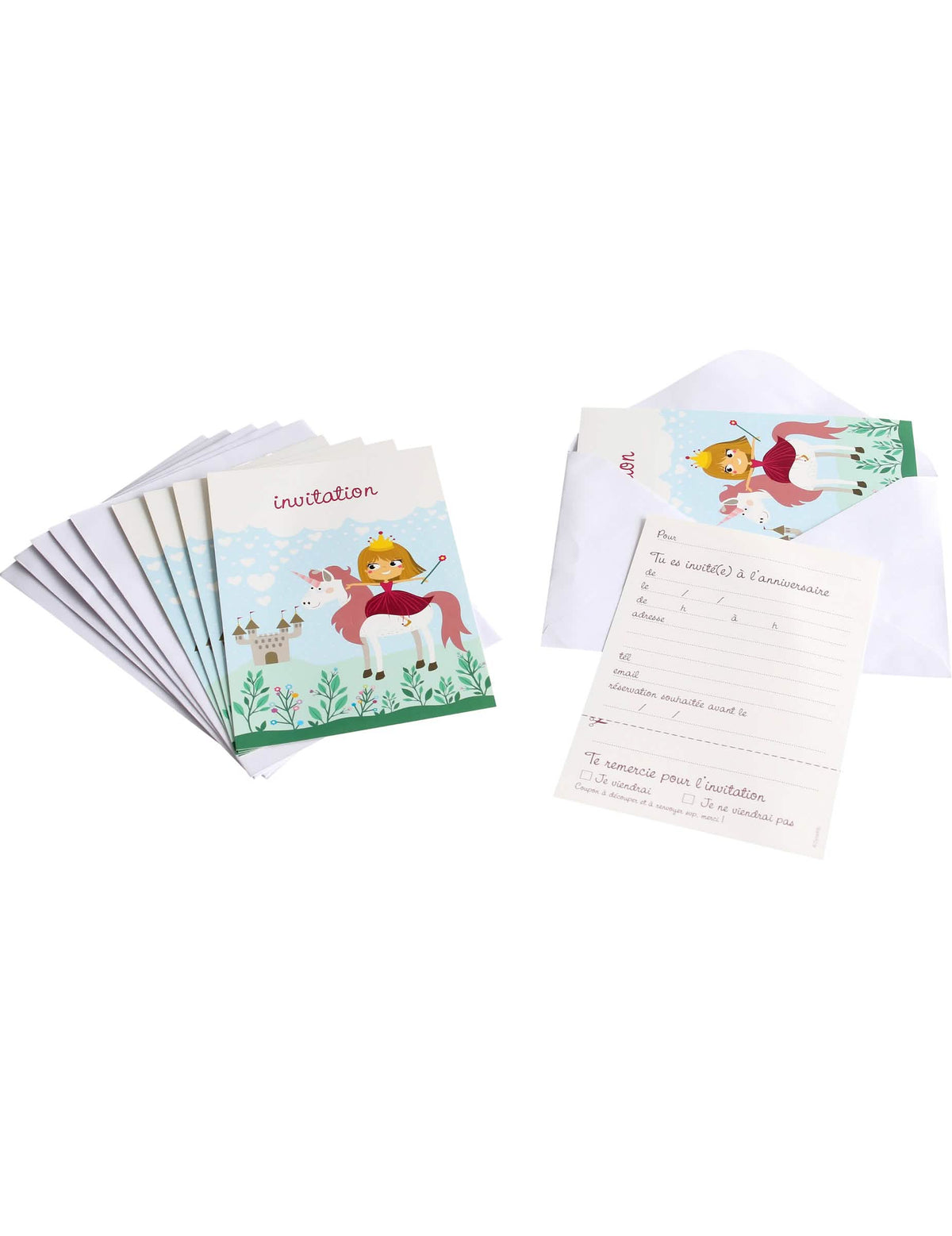 Cartões de convite com envelopes princesa para criança cor de rosa e branco com unicórnio