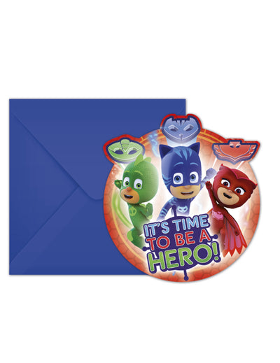 6 cartons d'invitation et enveloppes Pyjamasques pour enfant bleus avec Yoyo Bibou et Gluglu