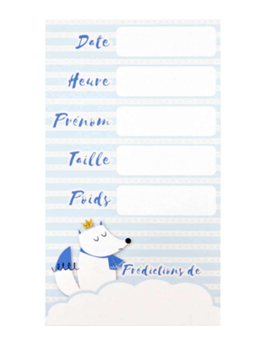 Cartões de previsão com motivo de raposa branco para baby shower azuis