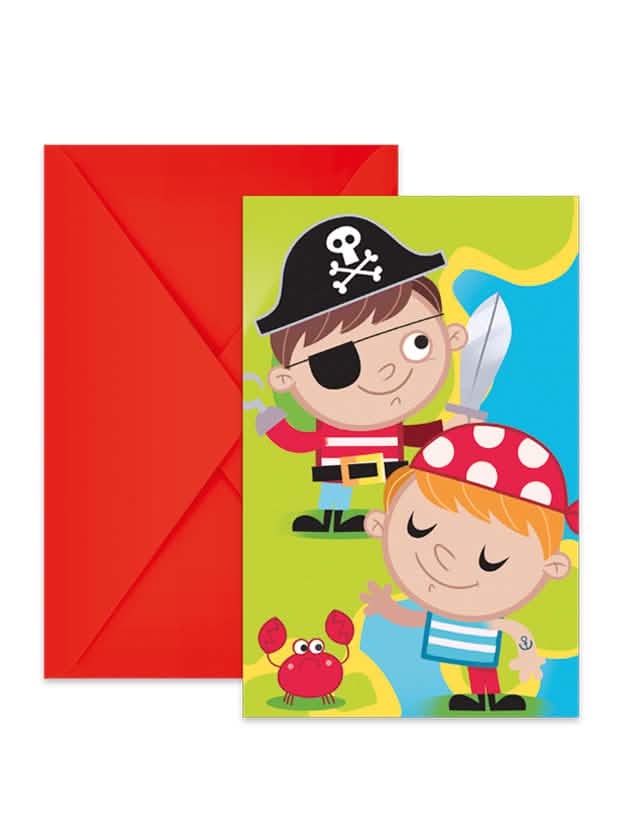 6 Cartões de convite e envelopes caça ao tesouro pirata para aniversário com envelope vermelho