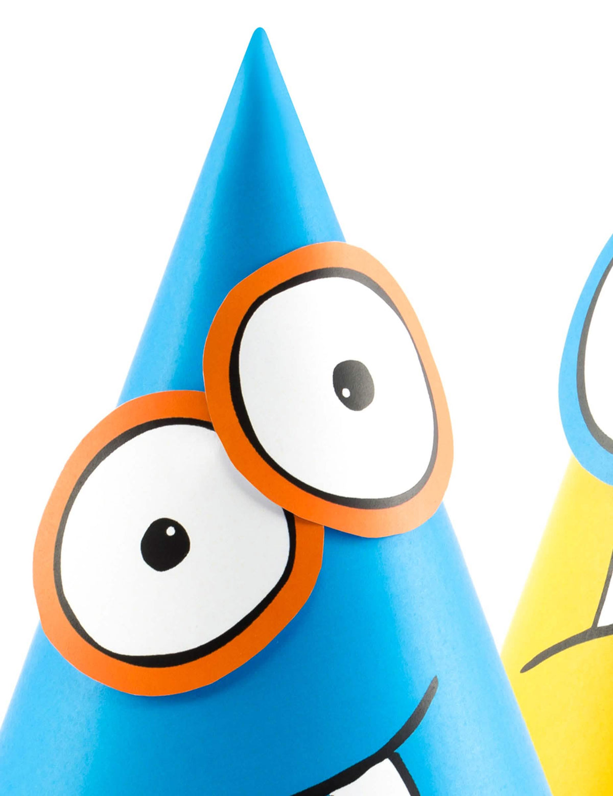 Grande plano dos olhos do chapéu de festa pequenos monstros