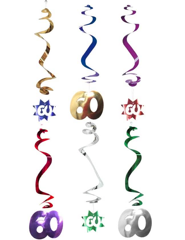 Decorações suspensas em espiral 60 anos para aniversário multicoloridas metalizadas