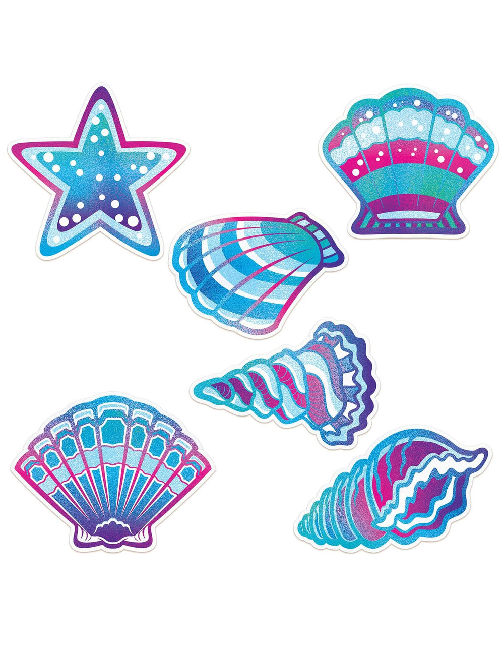 Decorações em cartão do mundo das sereias para festa azuis, violetas e rosas, conchas e estrelas
