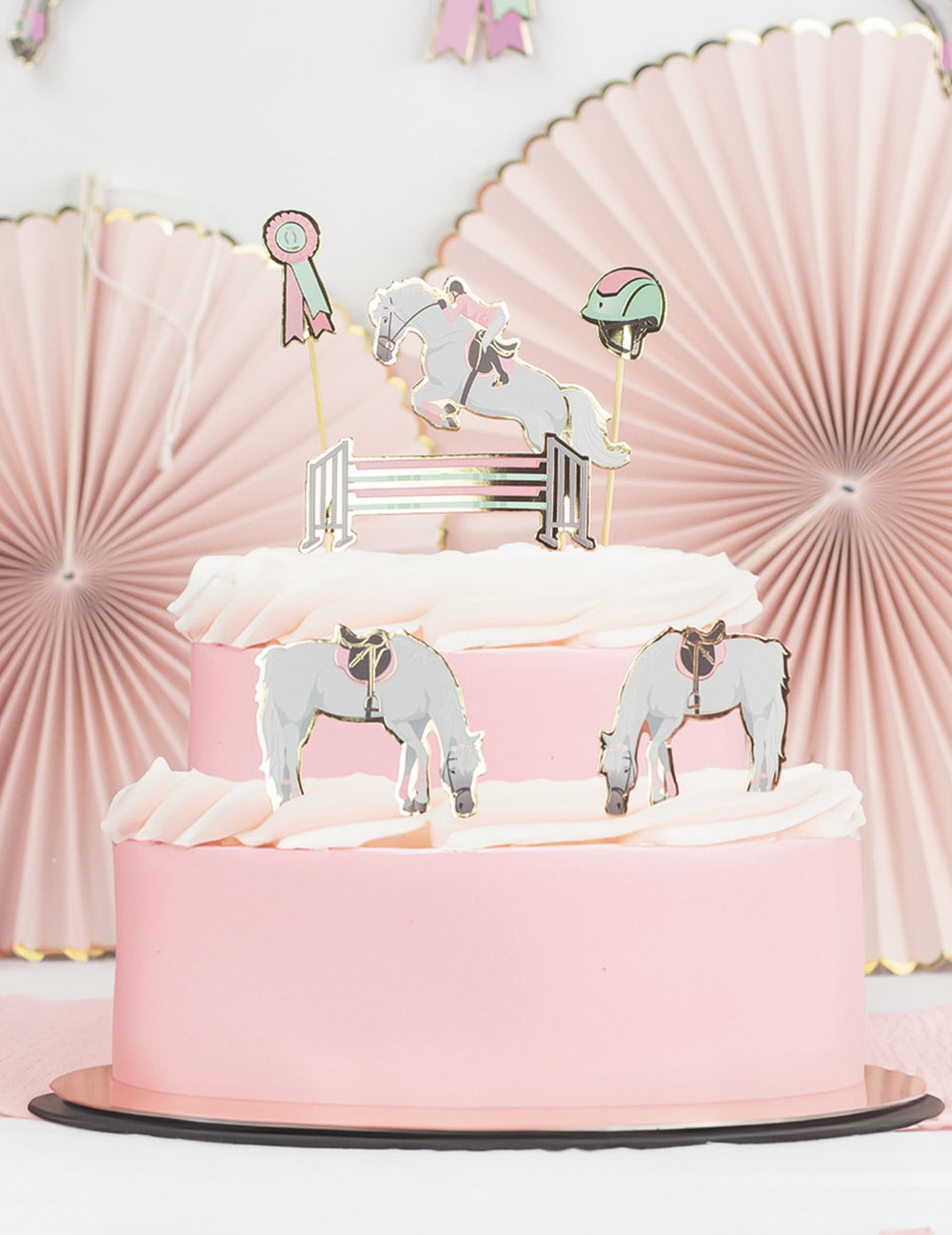 6 décorations pour gâteau cheval et équitation rose et pastel