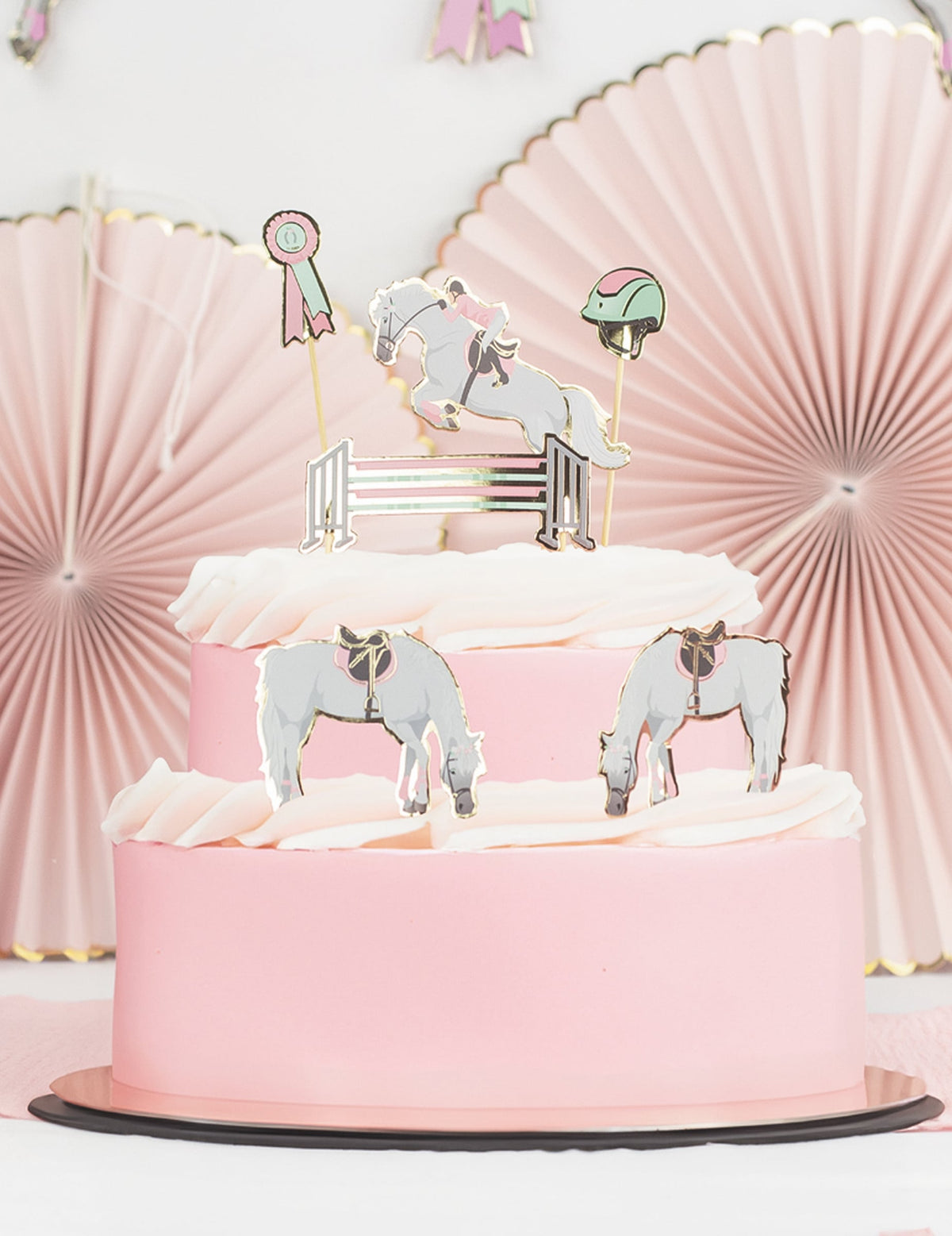 6 décorations pour gâteau cheval et équitation rose et pastel