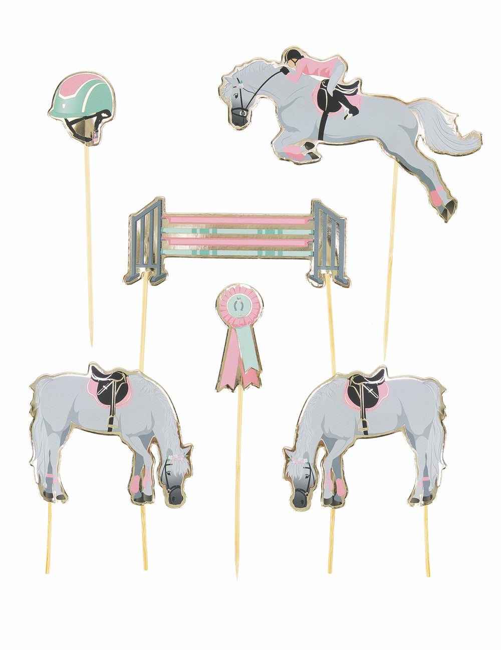 6 décorations pour gâteau cheval et équitation pour enfant rose vert et doré