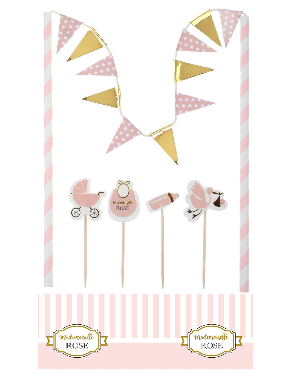 Kit de decorações para bolo baby shower para menina cor de rosa e dourado