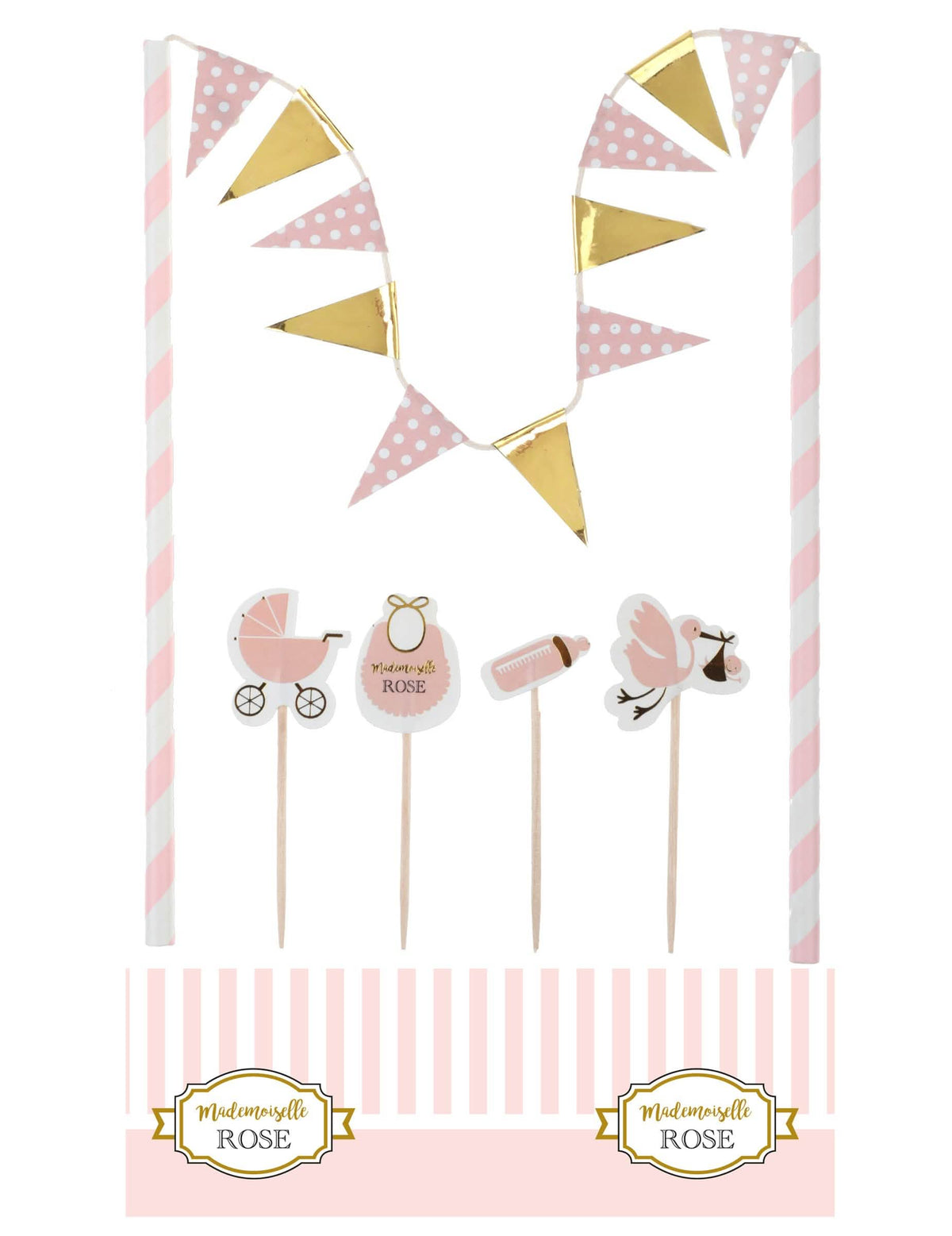 Kit de decorações para bolo baby shower para menina cor de rosa e dourado