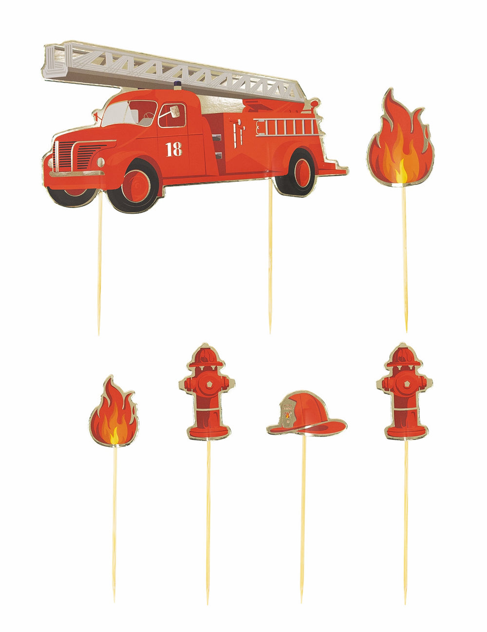 6 décorations pour gâteau Pompier pour enfant rouges avec camion et flammes